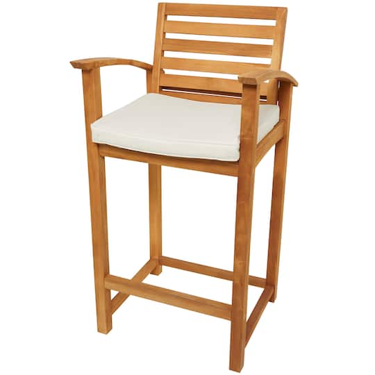 43" Brown Teak Wood Indoor/Outdoor Bar Stool with Cushion